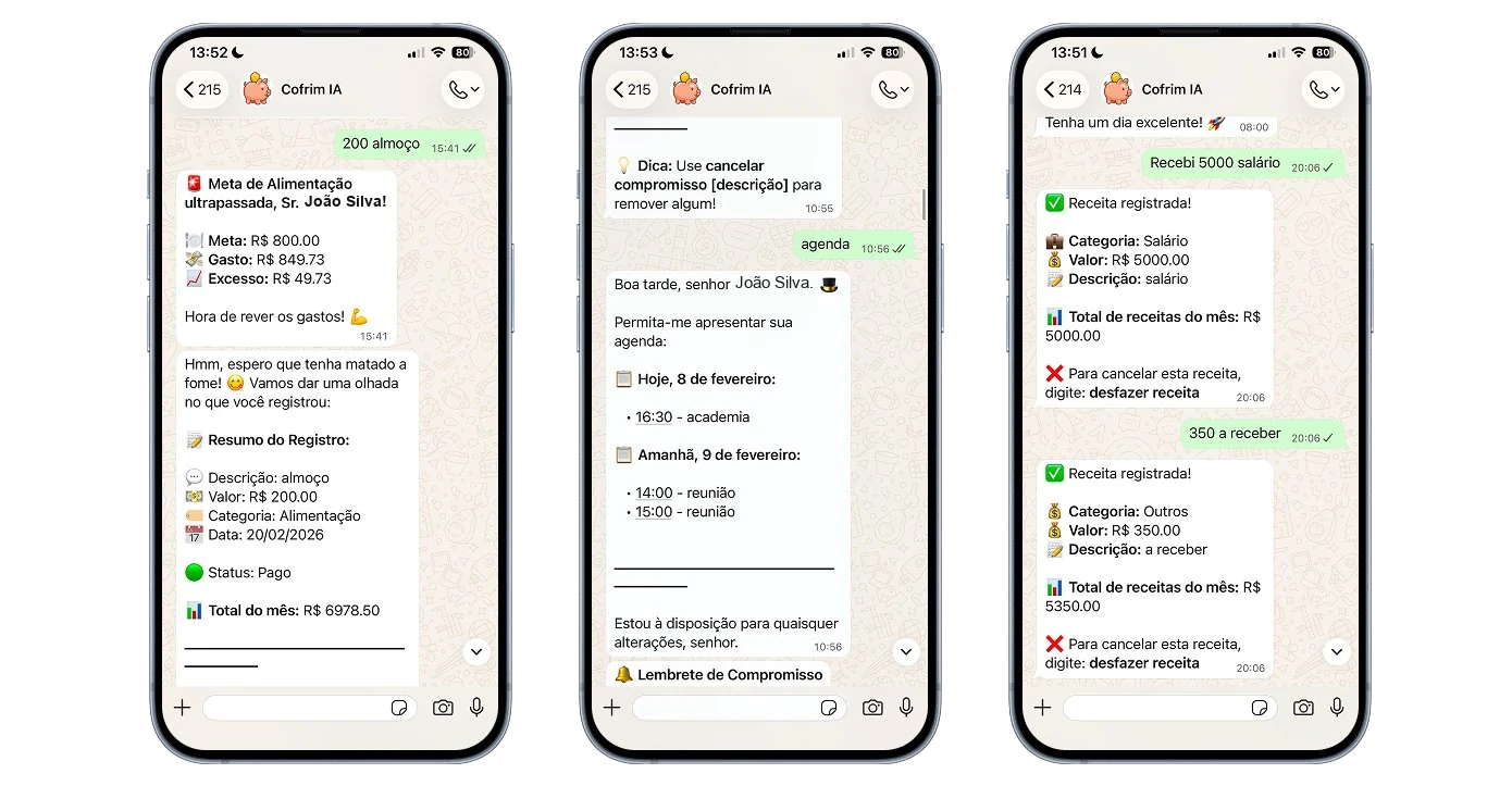 Cofrim IA no WhatsApp, 3 iPhones com exemplos reais
