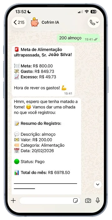Cofrim IA no WhatsApp, registro de gasto e meta