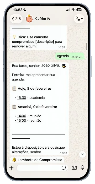 Cofrim IA no WhatsApp, agenda e lembretes