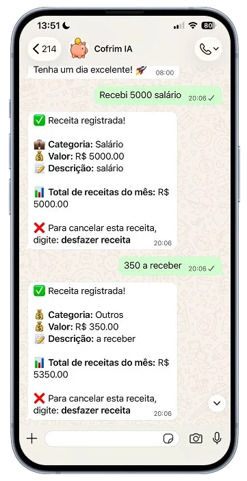 Cofrim IA no WhatsApp, receitas e relatorio